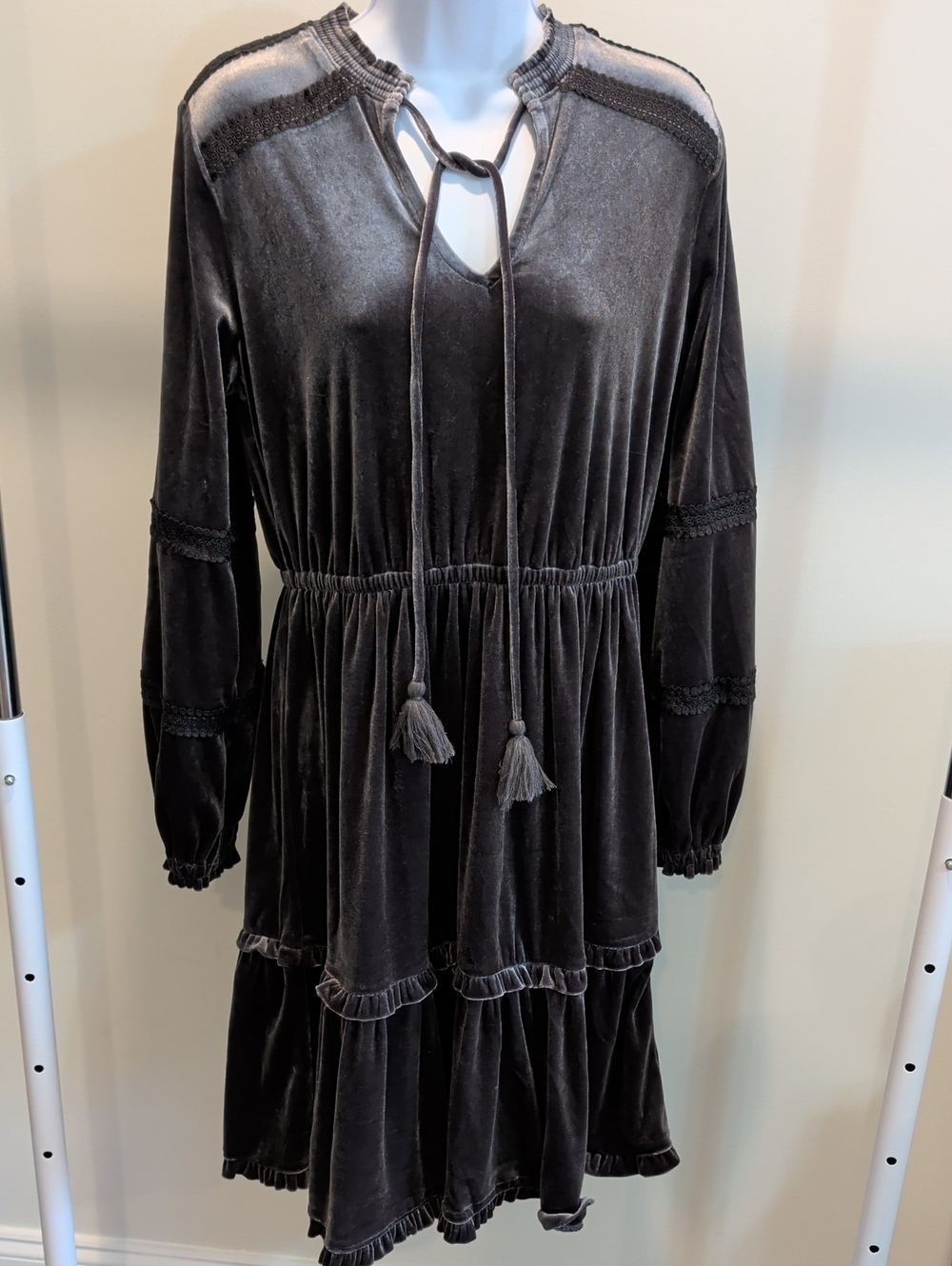 Velvet Tie-Front Long Sleeve Tiered Dress — Charcoal